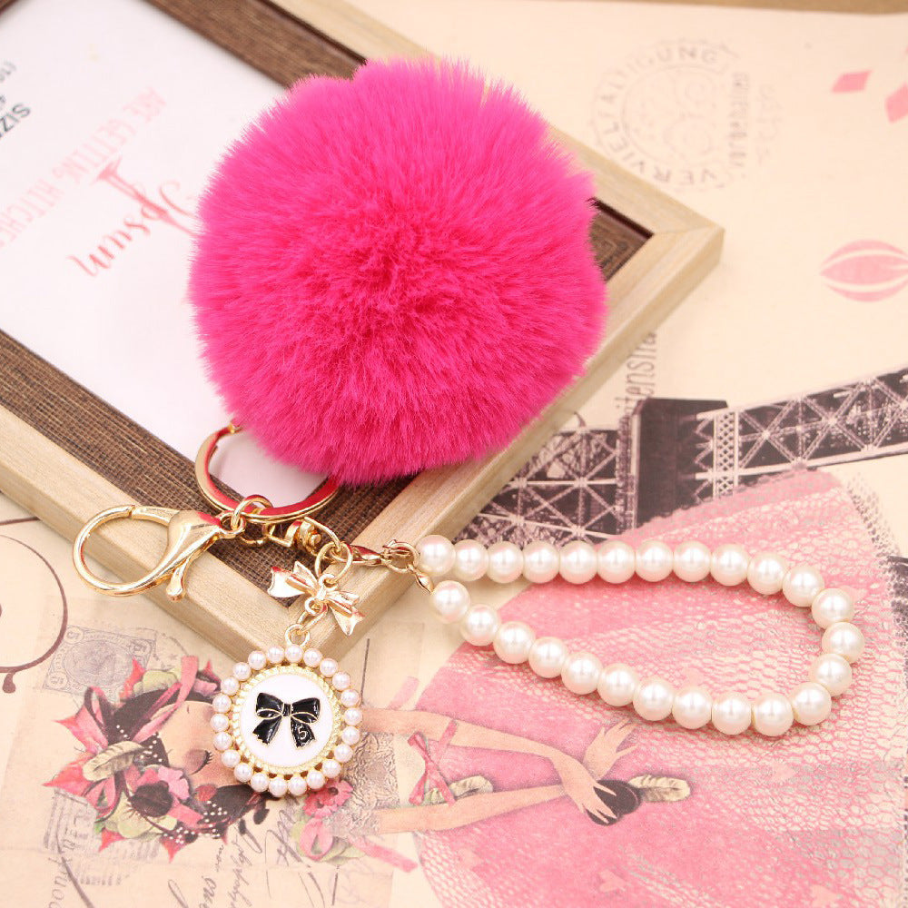 Wholesale Imitation Rex Rabbit Fur Ball Pearl Chain Bow Plush Ball Keychain
